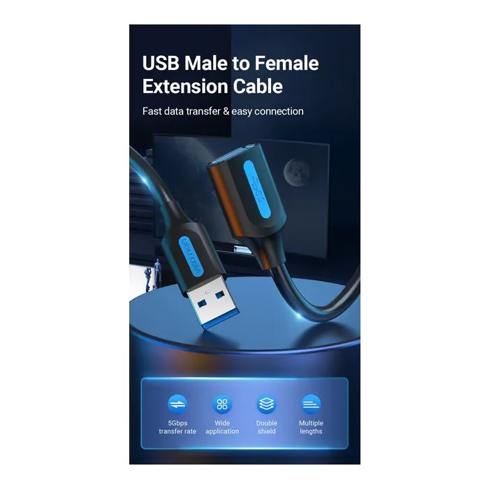 Дата кабель USB 2.0 AM/AF 2.0m black Vention (CBHBH) зображення 2