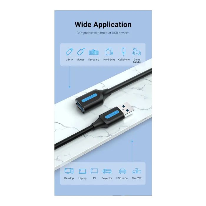 Дата кабель USB 2.0 AM/AF 2.0m black Vention (CBHBH) зображення 3