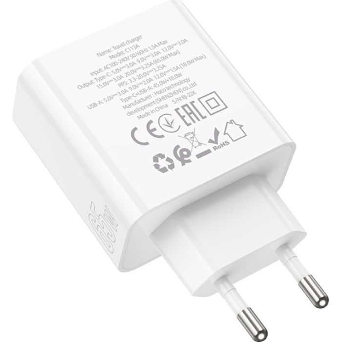 Зарядное устройство HOCO C113A Awesome 1xUSB-C PD65W + 1xUSB QC3.0 White (6931474790910) изображение 2