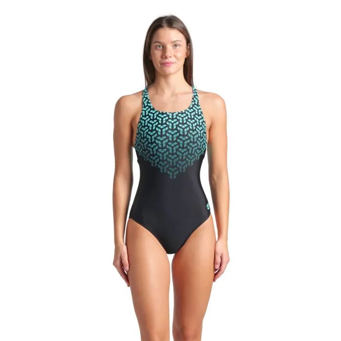 Купальник Arena Kikko V Swimsuit V Back Graphi 006650-508 чорний, зелений 40 (3468337490517)