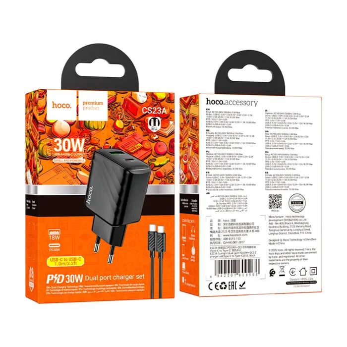 Зарядное устройство HOCO CS23A USB-C PD30W + 1xUSB QC3.0 + cable USB-C to USB-C black (6942007609968) изображение 6