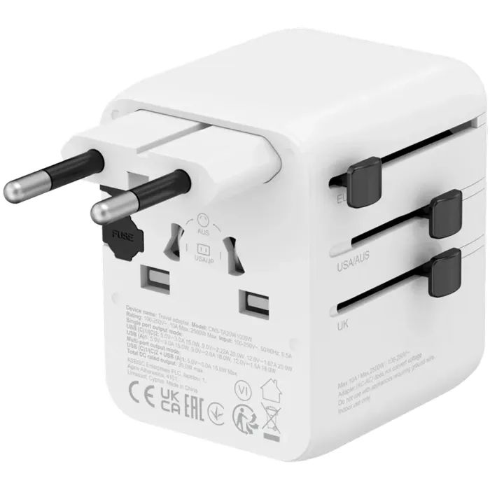Зарядное устройство Canyon OnTour 20 2xUCB-C + USB-A EU/UK/US/AUS 20W White (CNS-TA20W1005W) изображение 2