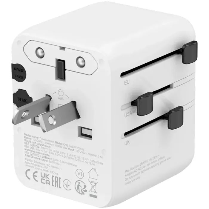Зарядное устройство Canyon OnTour 20 2xUCB-C + USB-A EU/UK/US/AUS 20W White (CNS-TA20W1005W) изображение 4