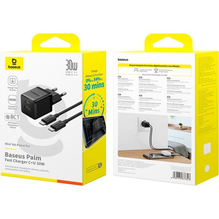 Зарядное устройство Baseus 1xUSB-C 30W + 1xUSB + cable USB-C to USB-C 60W 1.0m (P1011160A113-01) изображение 4