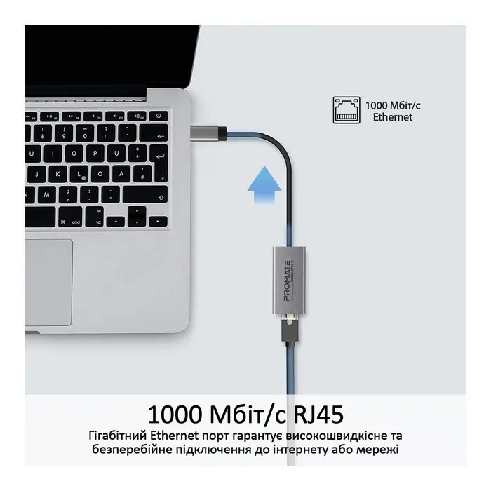 Адаптер Promate USB-C to RJ45 Ethernet 1000Mbps grey (gigaLink-c.grey) зображення 2