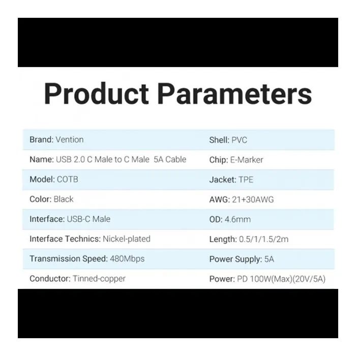 Дата кабель USB-C to USB-C 1.5m 5A black Vention (COTBG) зображення 9