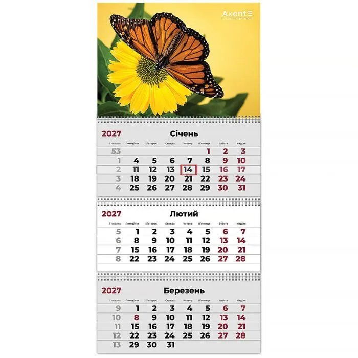 Календар Axent настінний квартальний 2027 рік 3 пр. Butterflies 2 (8803-27-5-A)