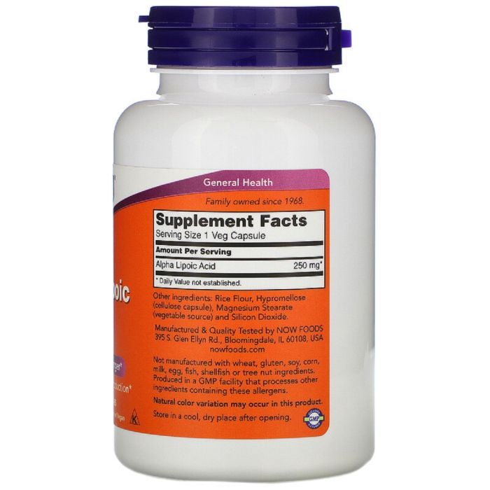 Антиоксидант Now Foods Альфа-липоевая кислота 250 мг, Alpha Lipoic Acid, 120 капсу (NOW-03043) изображение 2