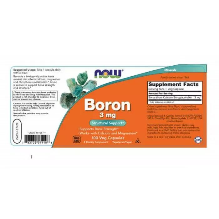 Минералы Now Foods Бор, 3 мг, Boron 3 mg, 100 вегетарианских капсул (NF1410) изображение 2