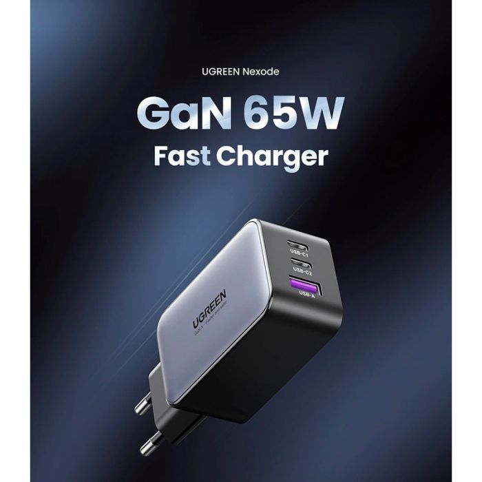 Зарядное устройство Ugreen 2xUSB-C + 1xUSB 65W GaN gray (10335) изображение 2