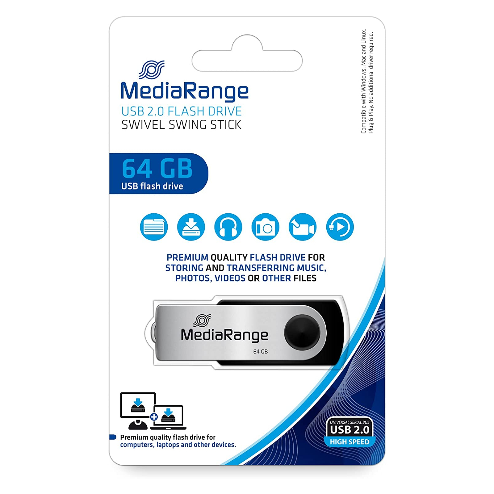 USB флеш накопитель Mediarange 64GB Black/Silver USB 2.0 (MR912) изображение 3