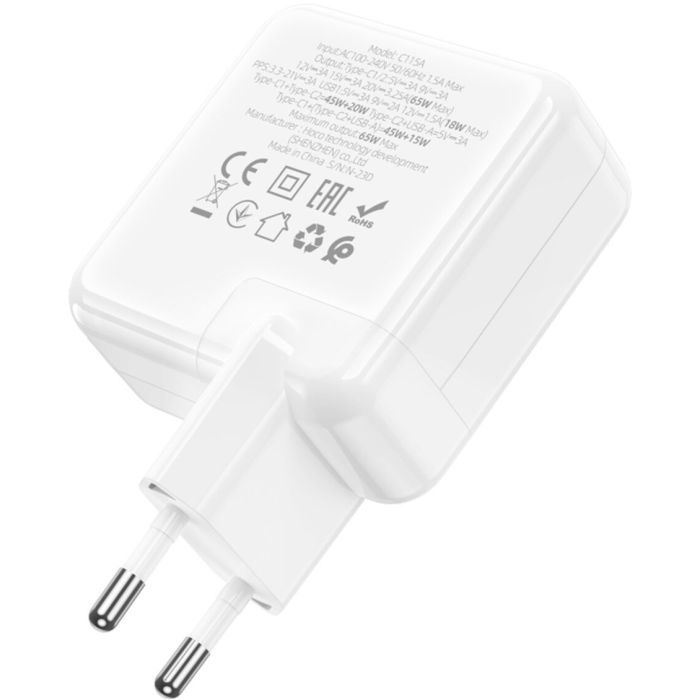 Зарядное устройство HOCO C115A Header 2xUSB-C PD65W + 1xUSB QC3.0 GaN White (6931474798312) изображение 2