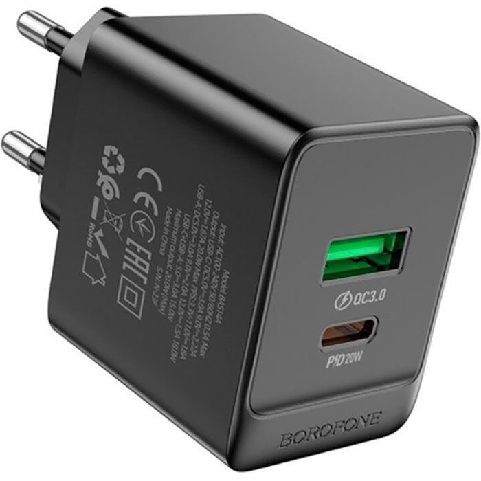 Зарядное устройство BOROFONE BAS14A Erudite 1xUSB-C PD20W + 1xUSB QC3.0 Black (6941991104947) изображение 3