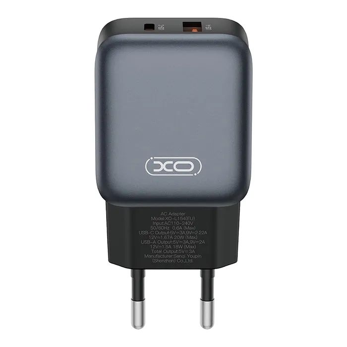 Зарядний пристрій XO L154 USB-C PD20W + USB-A QC3.0 Black (L154.black)