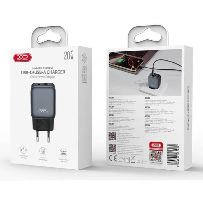 Зарядний пристрій XO L154 USB-C PD20W + USB-A QC3.0 Black (L154.black) зображення 5