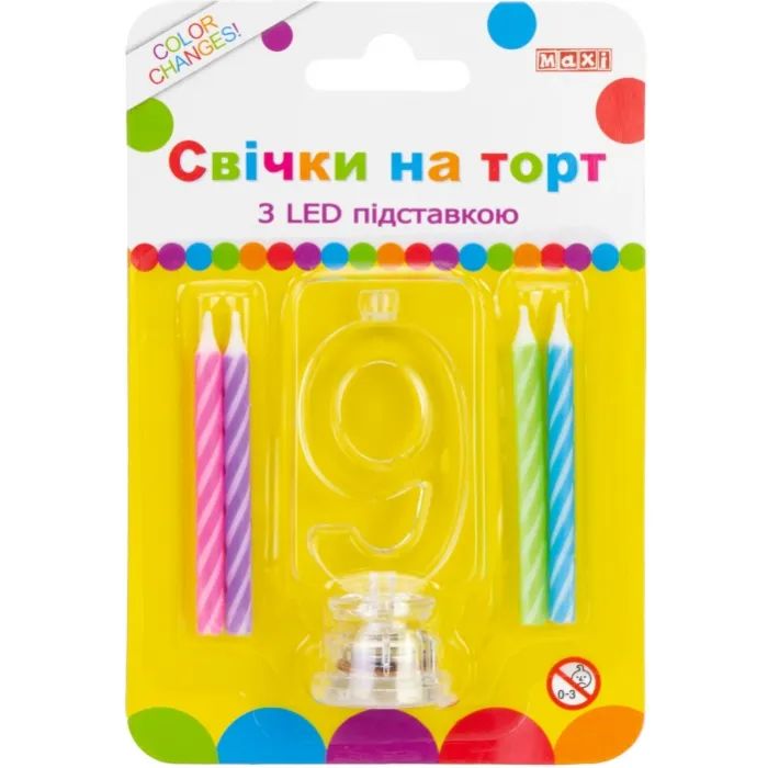 Свеча Maxi 4 шт. на торт з LED підставкою "9", що світиться (MX701007-9)