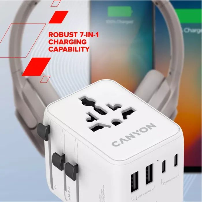 Зарядное устройство Canyon OnTour 70 3xUSB-C + 2xUSB-A EU/UK/US/AUS 70W White (CNS-TA70W1006W) изображение 7