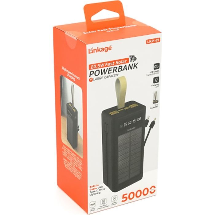 Батарея универсальная Linkage 50000mAh, Solar, 22.5W, cables Туре-С+Lighting, Black (LKP-47) изображение 5