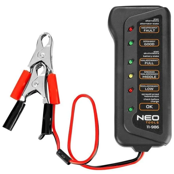 Тестер для аккумуляторов Neo Tools 12V, 2 зажима типа «крокодил» (11-986)