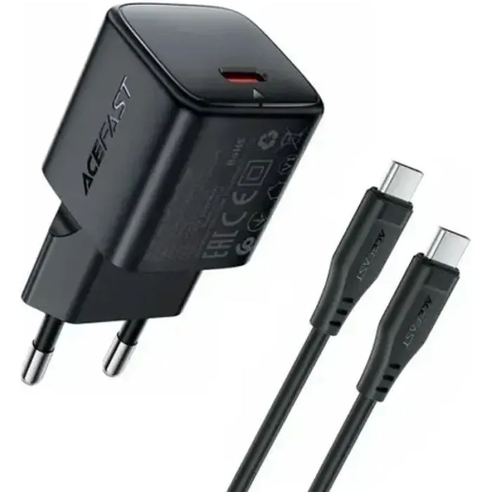 Зарядное устройство Acefast USB-C PD20W GaN + cable USB-C to USB-C black (6974316286509)