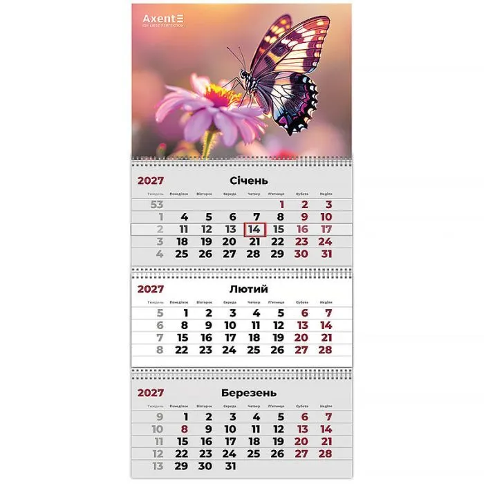 Календар Axent настінний квартальний 2027 рік 3 пр. Butterflies 3 (8803-27-6-A)