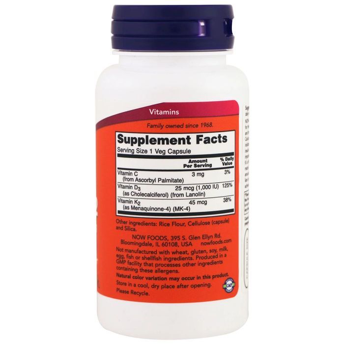 Витамин Now Foods Витамин D3 и К2, Vitamin D-3 & K-2, 1,000 МЕ / 45 мкг, 120 (NOW-00369) изображение 2