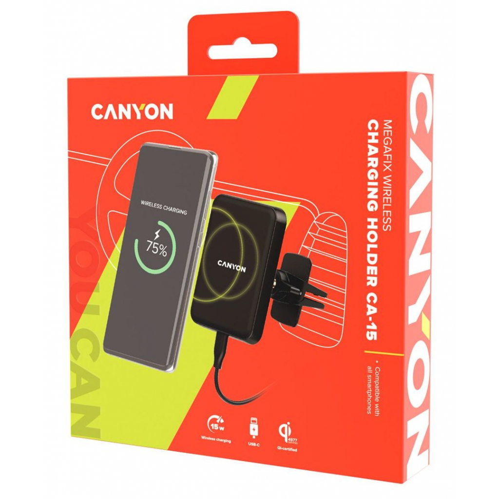 Универсальный автодержатель Canyon Car holder and wireless charger MegaFix, C-15, 15W (CNE-CCA15B) изображение 5