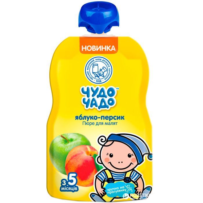 Детское пюре Чудо-Чадо Яблоко-персик с сахаром из 5 месяцев 90 г (4820016253636)
