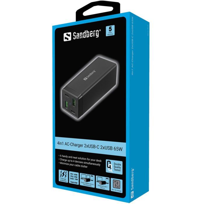 Зарядний пристрій Sandberg 4in1 2xUSB-C 2xUSB PD 65W QC 3.0 20W (441-45) зображення 5