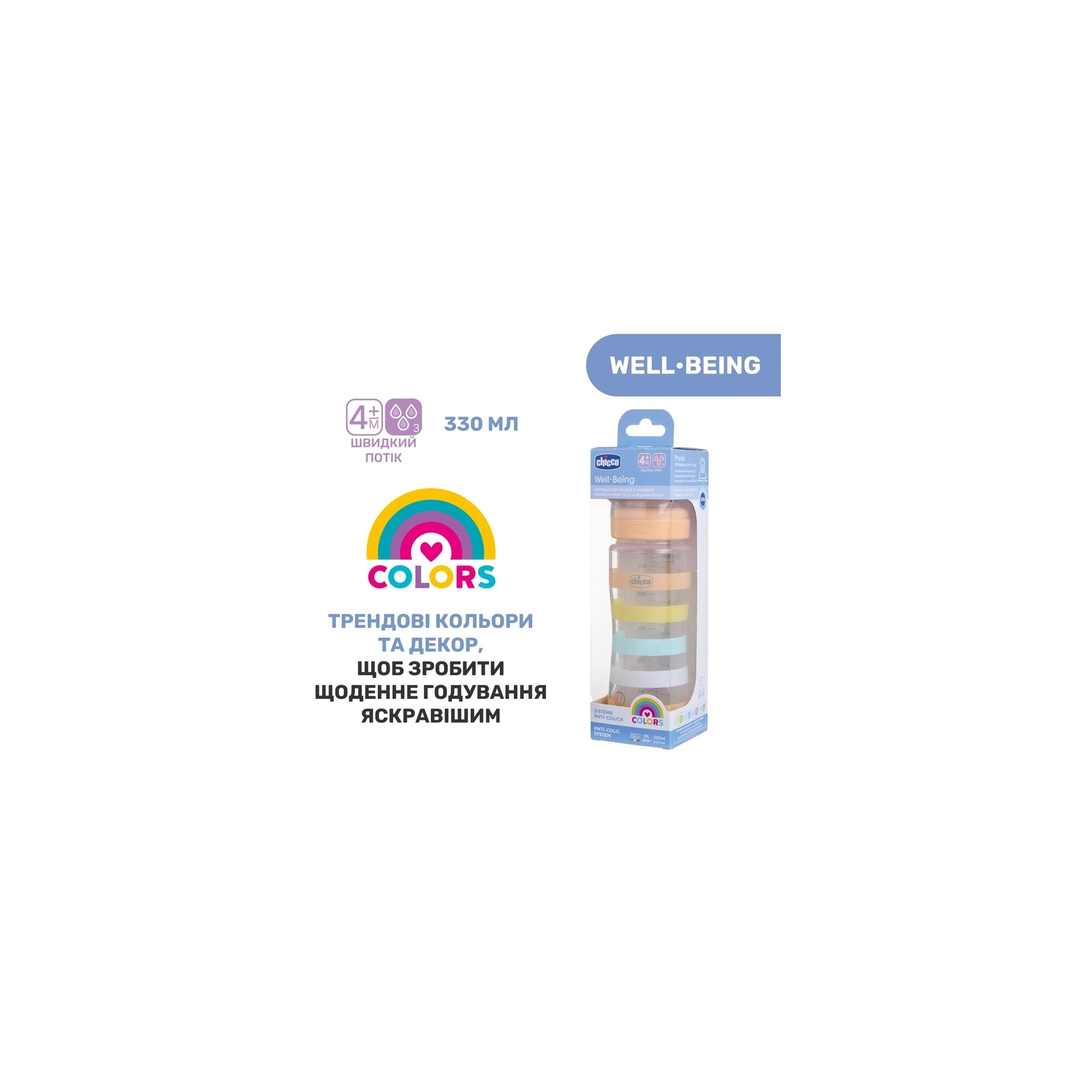 Пляшечка для годування Chicco Well-Being Colors з силіконовою соскою 4м+ 330 мл Помаранчева (28637.31) зображення 2