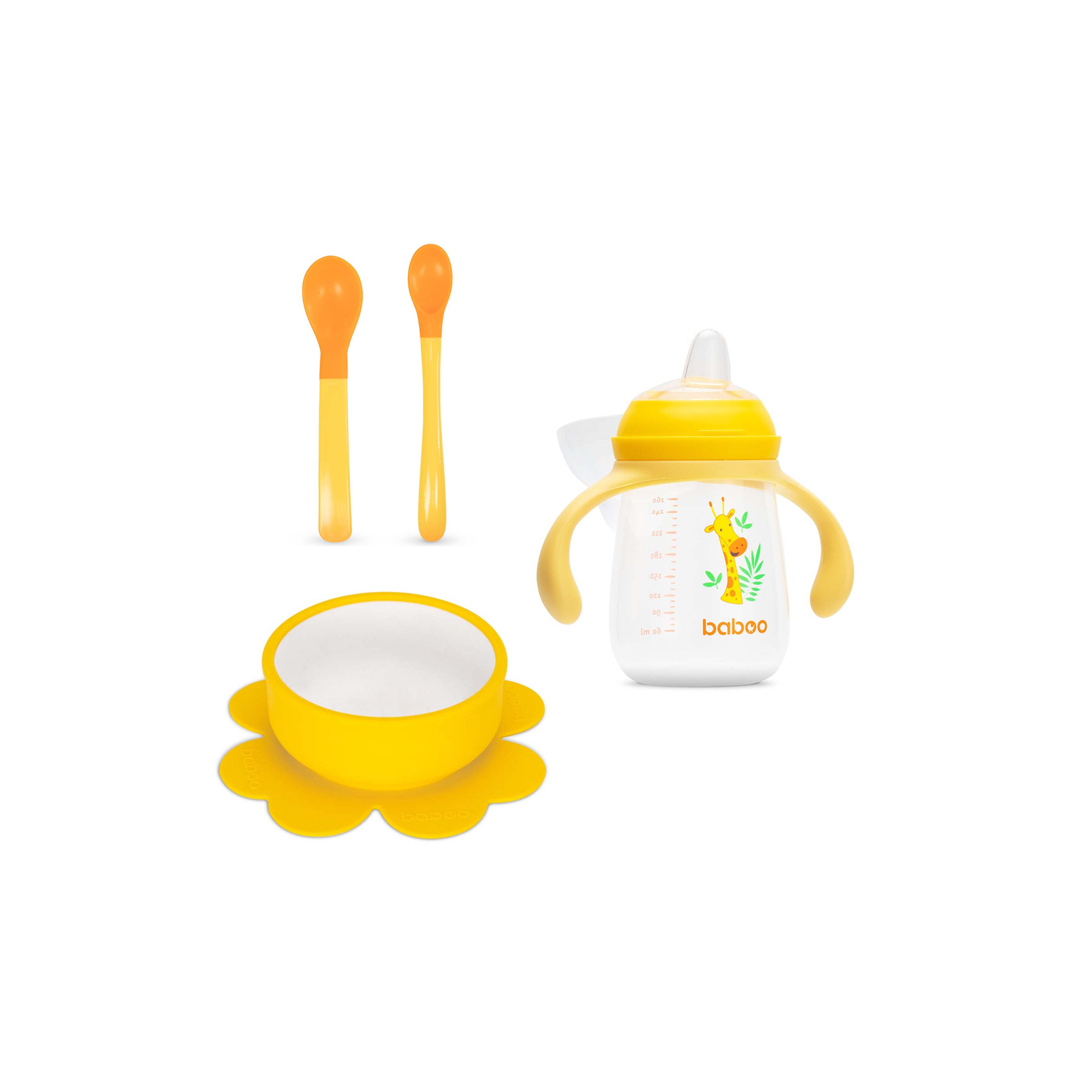 Набор детской посуды Baboo мисочка, 2 мягкие ложки, чашка непроливайка, 6+ (10-002 желтый)