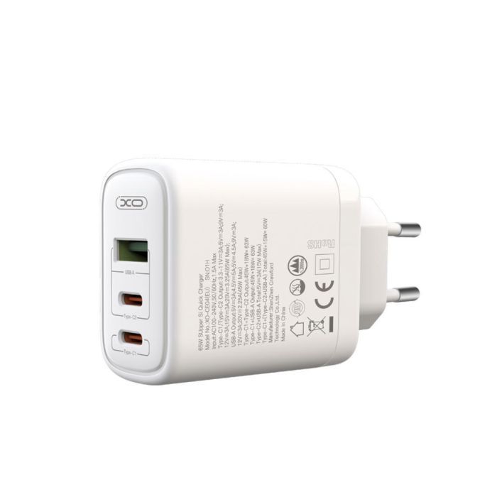 Зарядное устройство XO 2xUSB-C PD65W + 1xUSB 45W white (СE04-WH) изображение 3