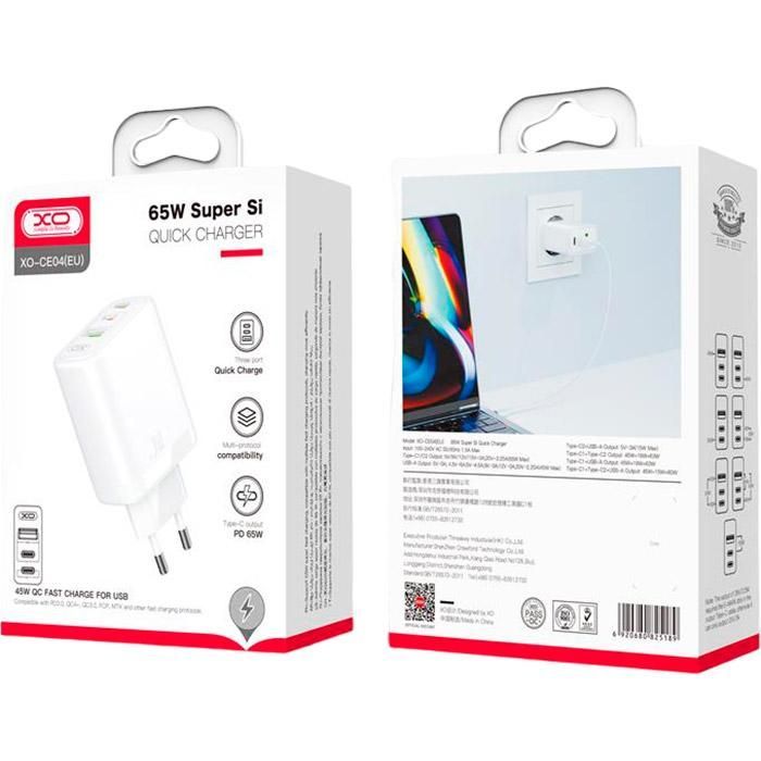 Зарядное устройство XO 2xUSB-C PD65W + 1xUSB 45W white (СE04-WH) изображение 4