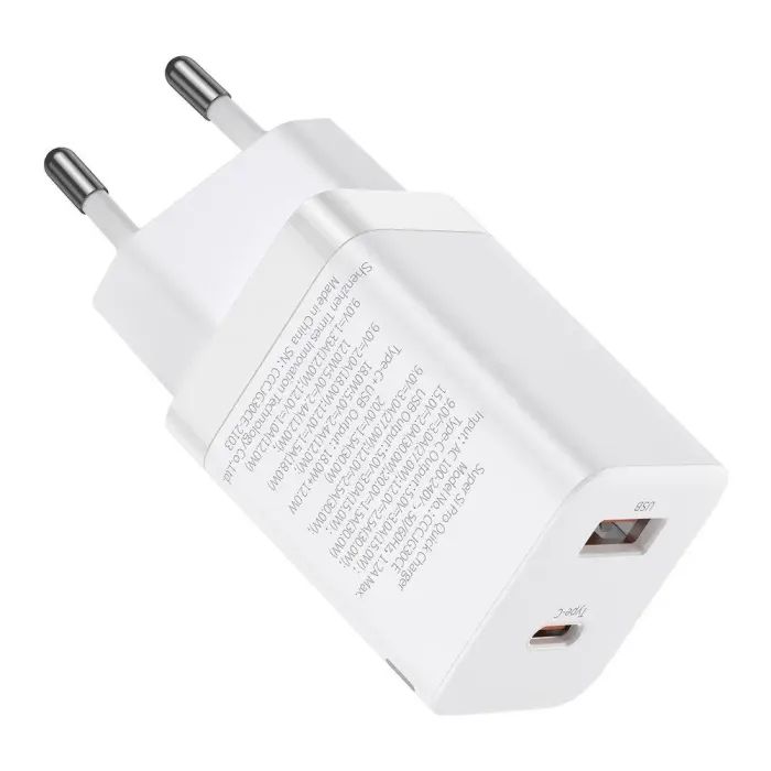 Зарядное устройство Baseus 1xUSB-C 30W + 1xUSB white (CCSUPP-E02)