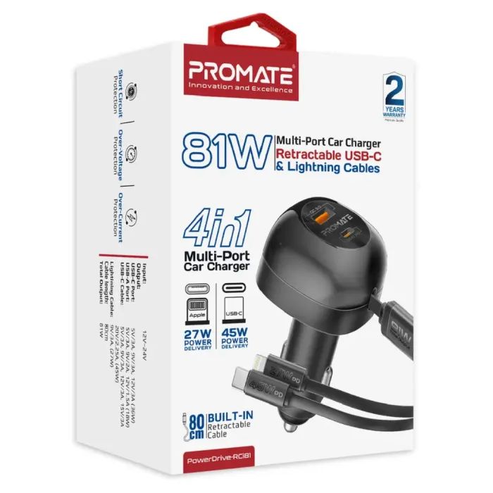 Зарядное устройство Promate 1xUSB-C PD + 1xUSB + cable USB-C/Lightning max 81W black (powerdrive-rci81) изображение 2