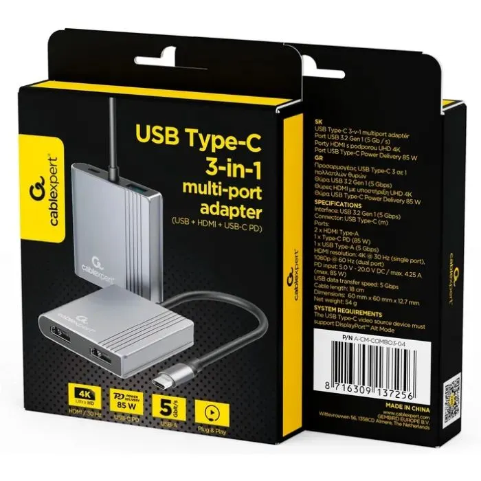 Концентратор Cablexpert USB-C 4-in-1 2xHDMI + 1xUSB 3.2 + 1xUSB-C PD 85W (A-CM-COMBO3-04) зображення 5