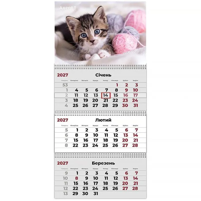 Календарь Axent настенный квартальный 2027 год 3 пр. Cats 1 (8803-27-7-A)