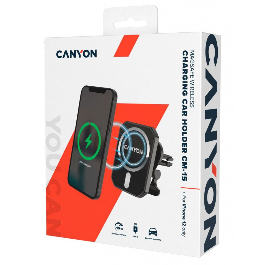 Универсальный автодержатель Canyon Magnetic car holder and wireless charger, C-15-01, 15W (CNE-CCA15B01) изображение 4