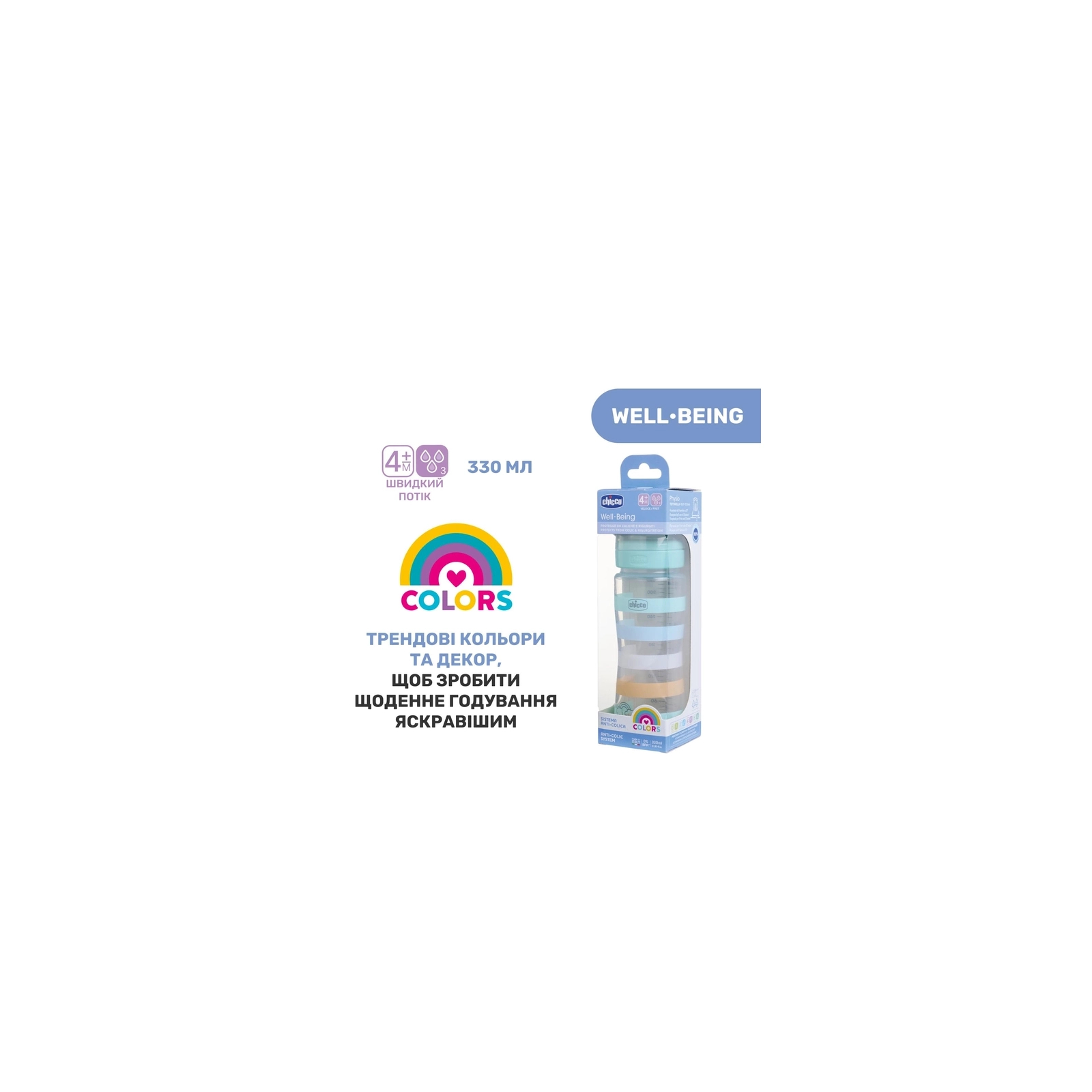 Пляшечка для годування Chicco Well-Being Colors з силіконовою соскою 4м+ 330 мл М'ятна (28637.21) зображення 7