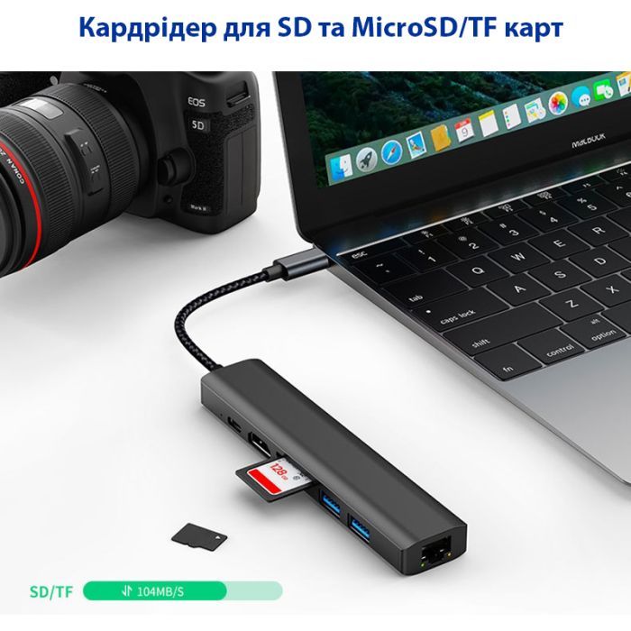 Концентратор Dynamode 7-in-1 USB-C to HDTV 4K/30Hz, 2хUSB3.0, RJ45, USB-C PD 100W, SD/MicroSD (BYL-2303) зображення 10