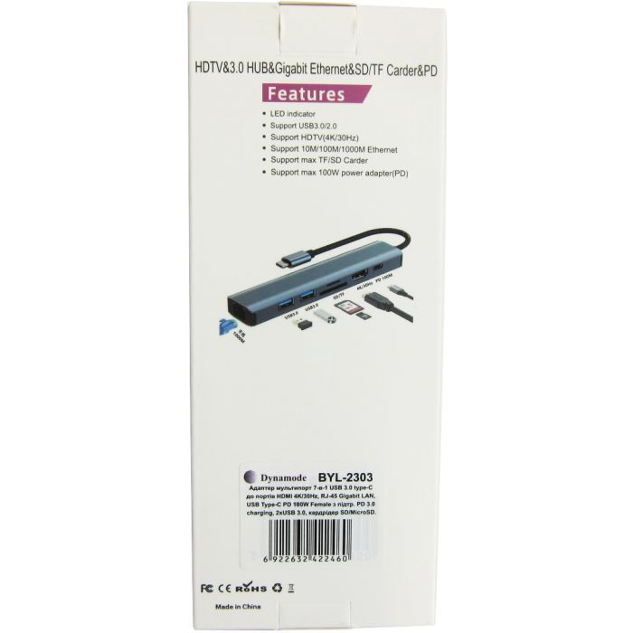 Концентратор Dynamode 7-in-1 USB-C to HDTV 4K/30Hz, 2хUSB3.0, RJ45, USB-C PD 100W, SD/MicroSD (BYL-2303) зображення 12
