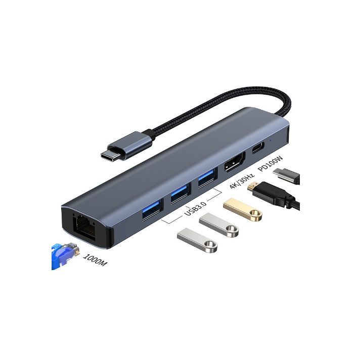 Концентратор Dynamode 7-in-1 USB-C to HDTV 4K/30Hz, 2хUSB3.0, RJ45, USB-C PD 100W, SD/MicroSD (BYL-2303) зображення 3
