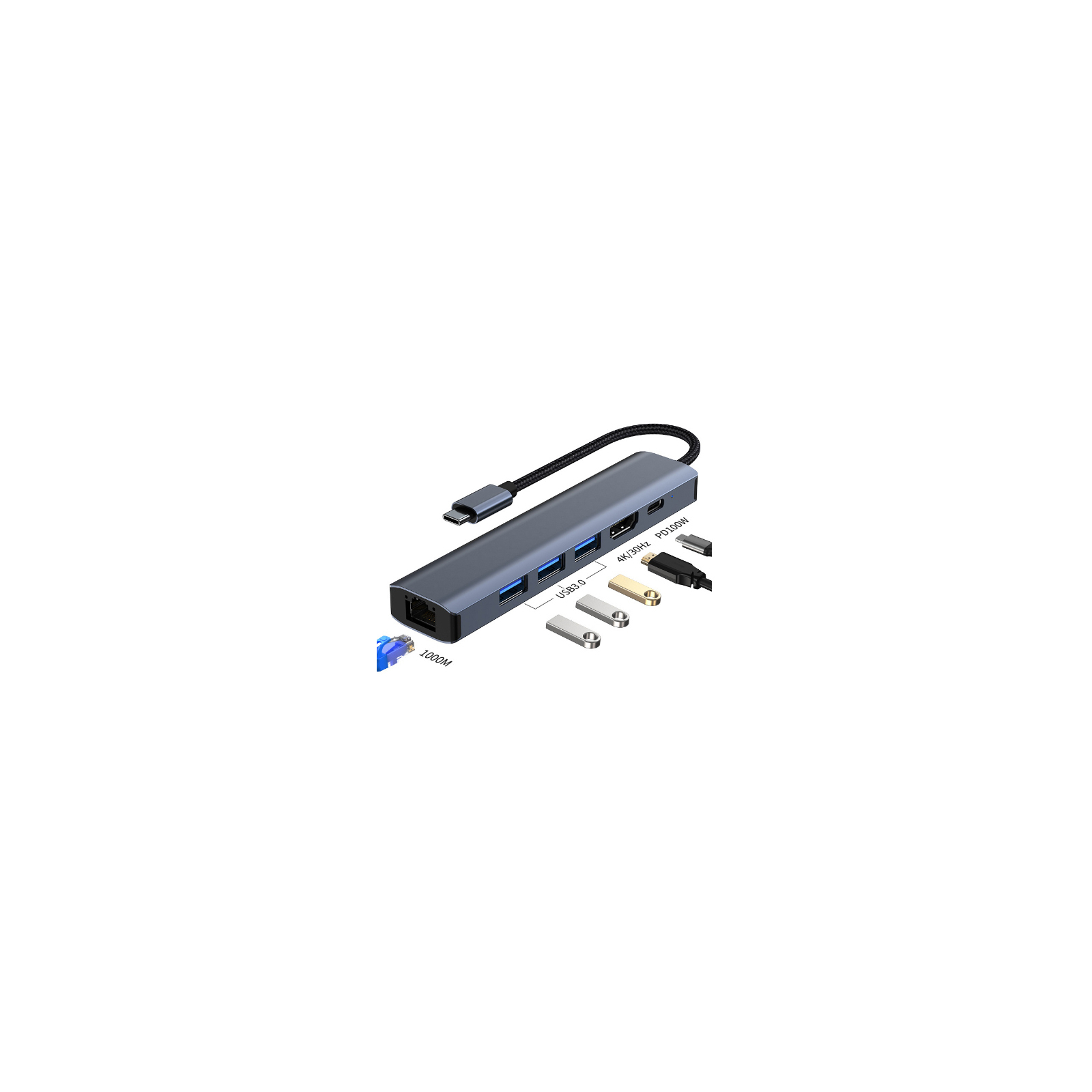 Концентратор Dynamode 7-in-1 USB-C to HDTV 4K/30Hz, 2хUSB3.0, RJ45, USB-C PD 100W, SD/MicroSD (BYL-2303) зображення 3