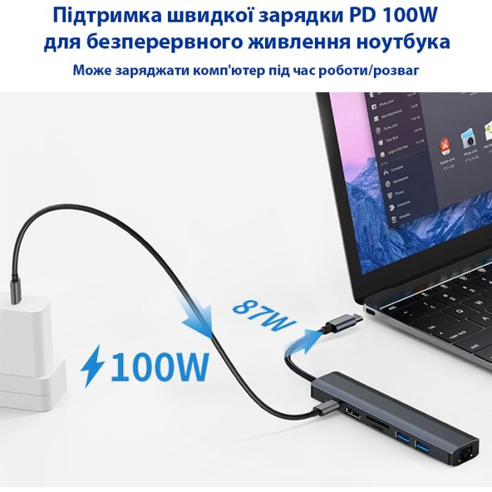 Концентратор Dynamode 7-in-1 USB-C to HDTV 4K/30Hz, 2хUSB3.0, RJ45, USB-C PD 100W, SD/MicroSD (BYL-2303) зображення 8
