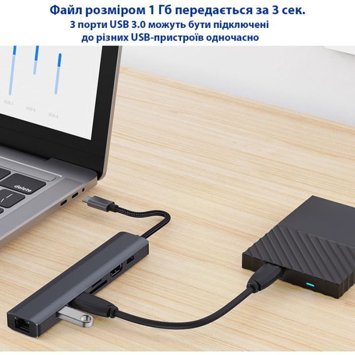 Концентратор Dynamode 7-in-1 USB-C to HDTV 4K/30Hz, 2хUSB3.0, RJ45, USB-C PD 100W, SD/MicroSD (BYL-2303) зображення 9
