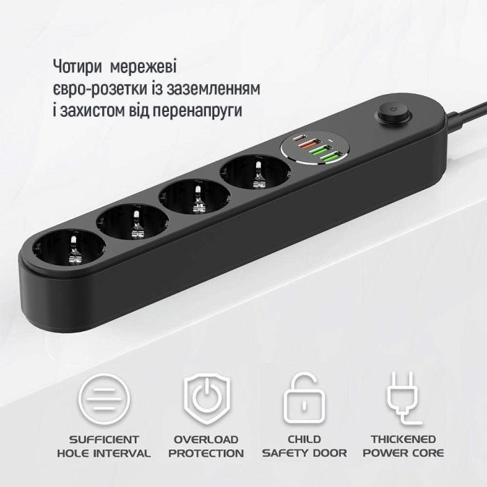 Мережевий фільтр живлення ColorWay CW-CHE44PDB, 4 розетки/4USB 2M (CW-CHE44PDB) зображення 12