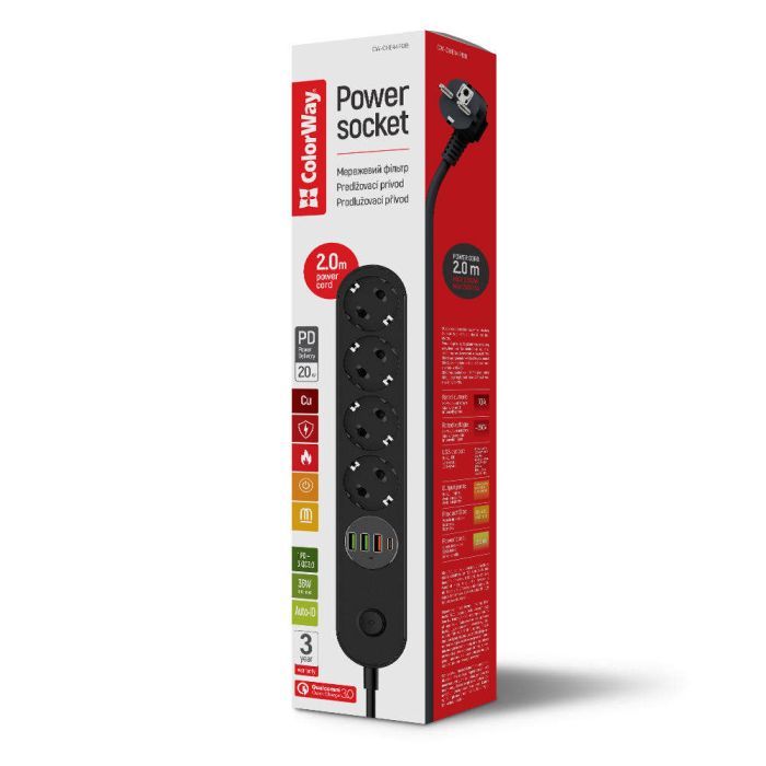 Мережевий фільтр живлення ColorWay CW-CHE44PDB, 4 розетки/4USB 2M (CW-CHE44PDB) зображення 5