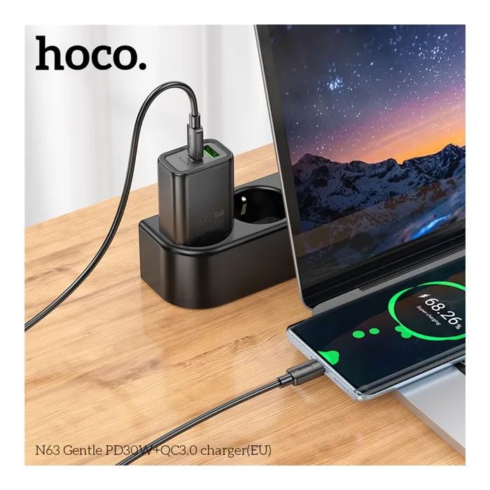 Зарядний пристрій HOCO N63 USB-C PD30W + USB QC3.0 black (6942007644358) зображення 3