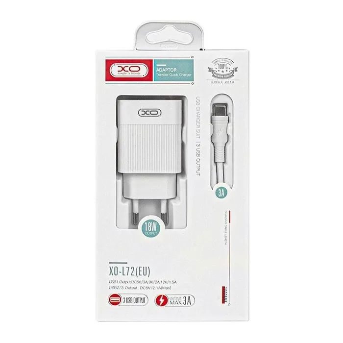 Зарядное устройство XO 1xUSB QC3.0 18W + 2xUSB 2.4A + cable USB-C white (L72-TC-WH) изображение 9