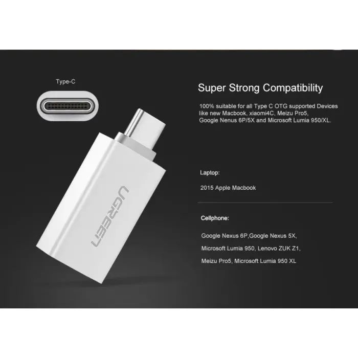 Переходник OTG USB 3.0 AF to USB-C US173 White UGREEN (30155) изображение 3